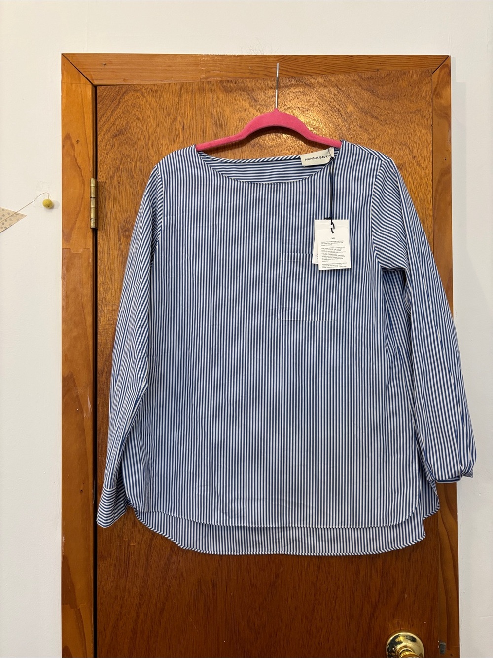 NWT Mansur Gavriel Collarless Classic Blue and White Striped Cotton Shirt